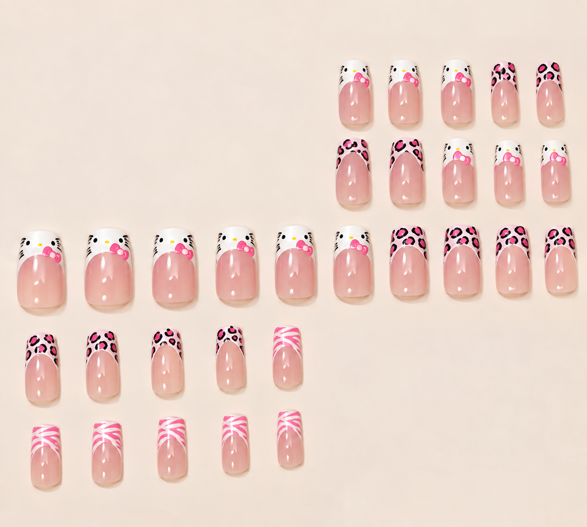 24 Pcs Pink Press-On Nails | Kitty & Leopard Print Reusable False Nails with Glue & Adhesive Tabs