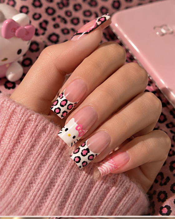 24 Pcs Pink Press-On Nails | Kitty & Leopard Print Reusable False Nails with Glue & Adhesive Tabs
