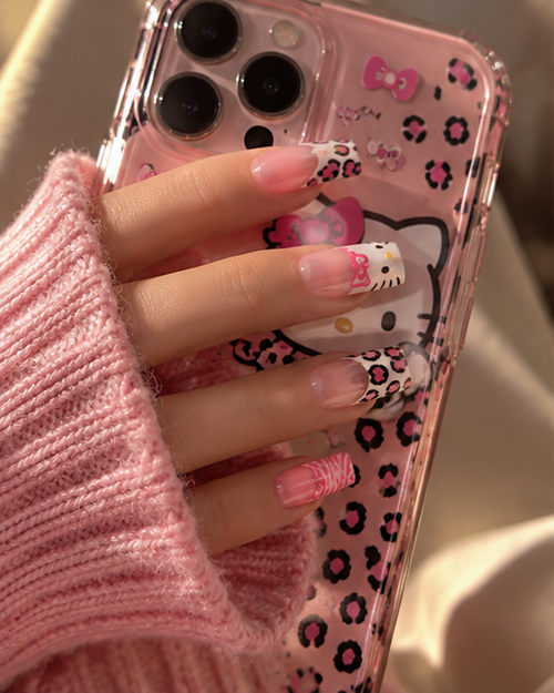 24 Pcs Pink Press-On Nails | Kitty & Leopard Print Reusable False Nails with Glue & Adhesive Tabs